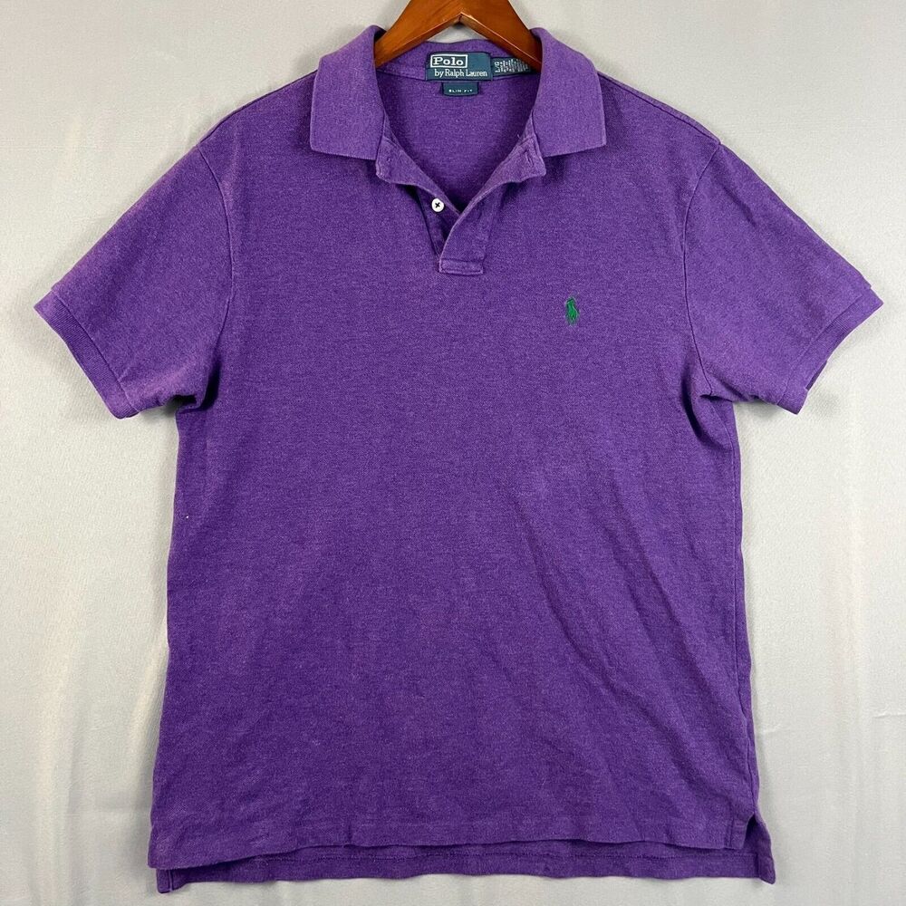 Vtg Polo Ralph Lauren Men's Polo Shirt LG Purple Short Sleeve Slim Green Horse‎